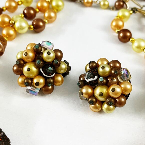 Vintage JAPAN 3-Strand Gold Chunky Bead Necklace & Earring Set - Picture 9 of 9